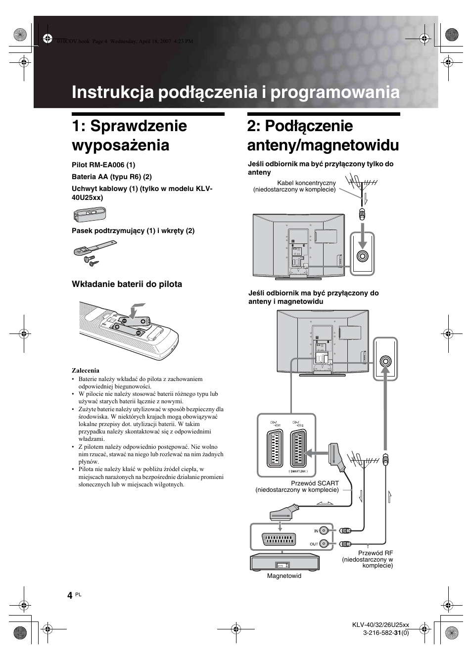 Instrukcja podłączenia i programowania, Sprawdzenie wyposażenia, Podłączenie anteny/magnetowidu | Sony KLV-26U2520 User Manual | Page 50 / 70