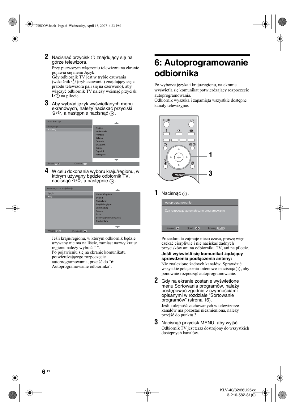 Autoprogramowanie odbiornika | Sony KLV-26U2520 User Manual | Page 52 / 70