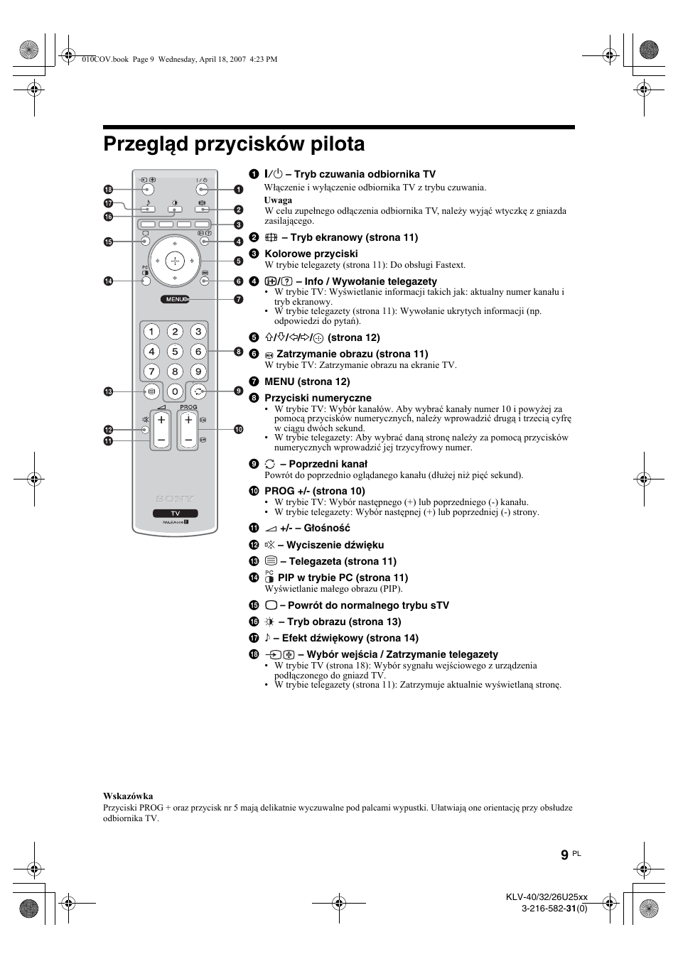 Przegląd przycisków pilota | Sony KLV-26U2520 User Manual | Page 55 / 70
