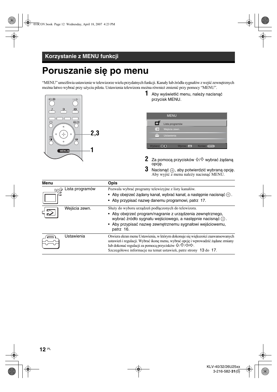 Poruszanie się po menu, Korzystanie z menu funkcji | Sony KLV-26U2520 User Manual | Page 58 / 70