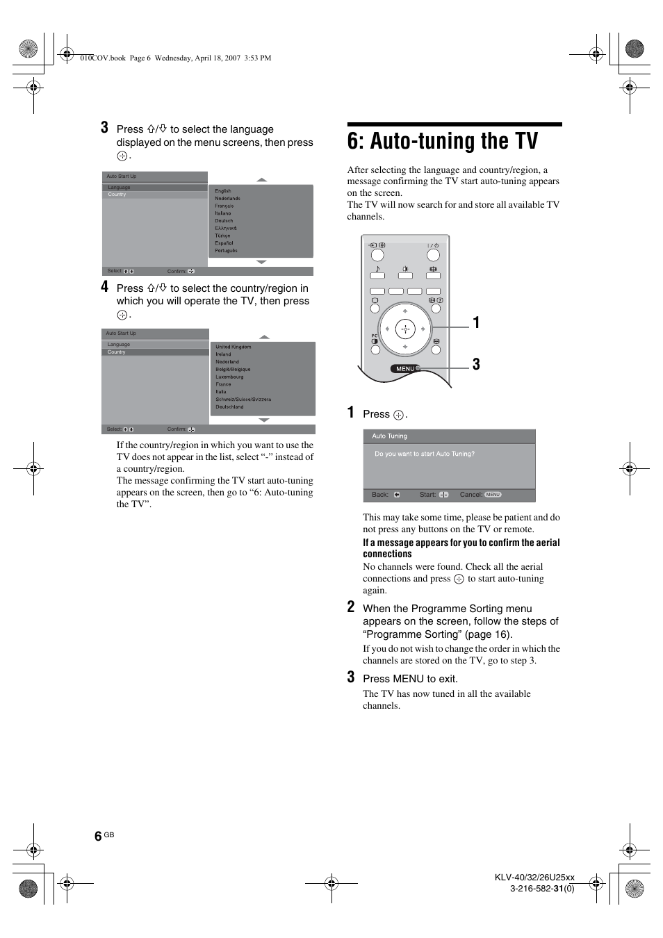 Auto-tuning the tv | Sony KLV-26U2520 User Manual | Page 6 / 70