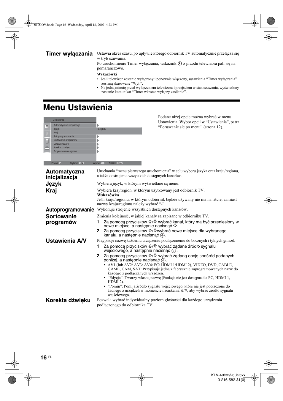 Menu ustawienia, Timer wyłączania, Automatyczna inicjalizacja | Język, Kraj, Autoprogramowanie, Sortowanie programów, Ustawienia a/v, Korekta dźwięku | Sony KLV-26U2520 User Manual | Page 62 / 70