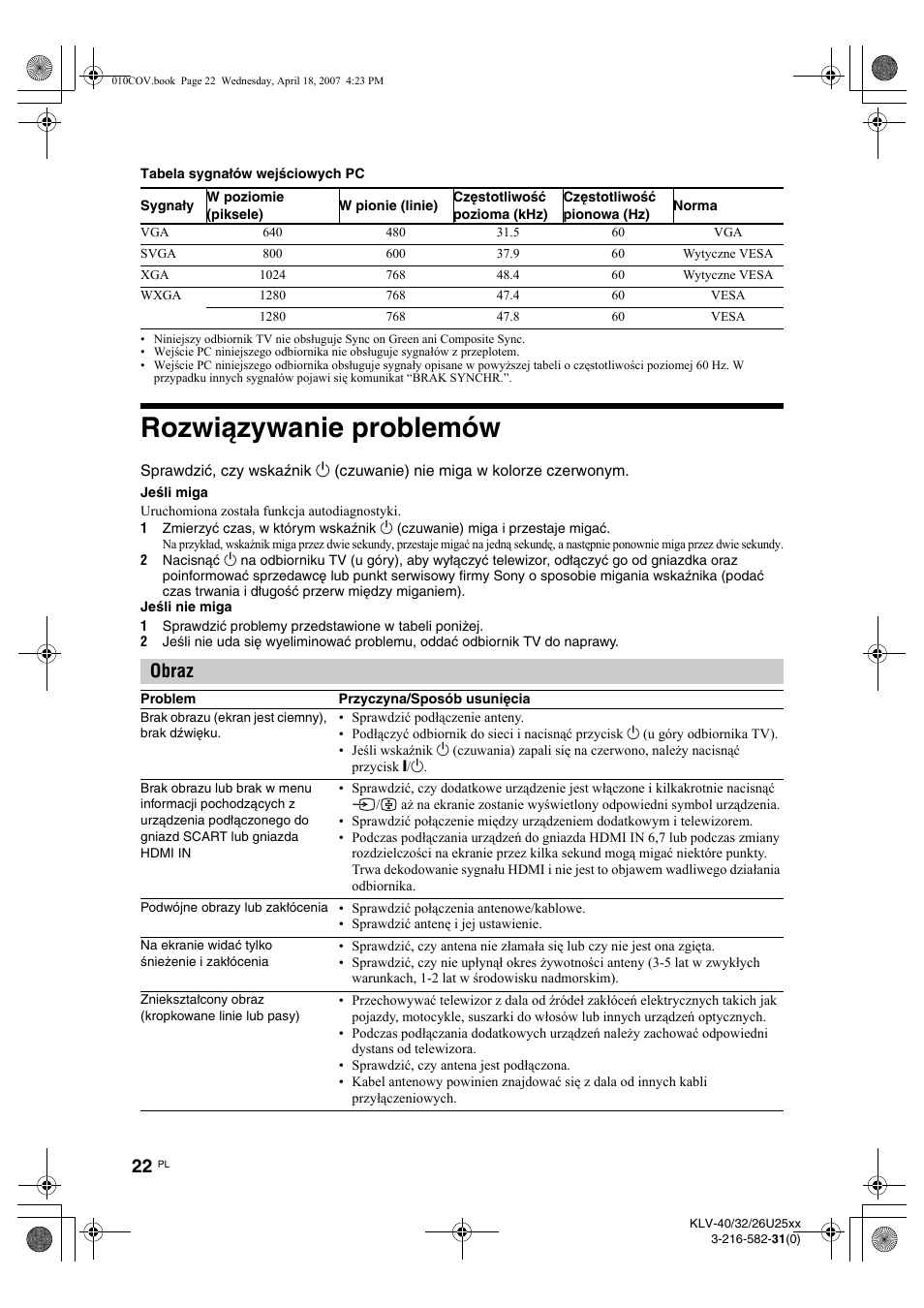 Rozwiązywanie problemów, Obraz | Sony KLV-26U2520 User Manual | Page 68 / 70