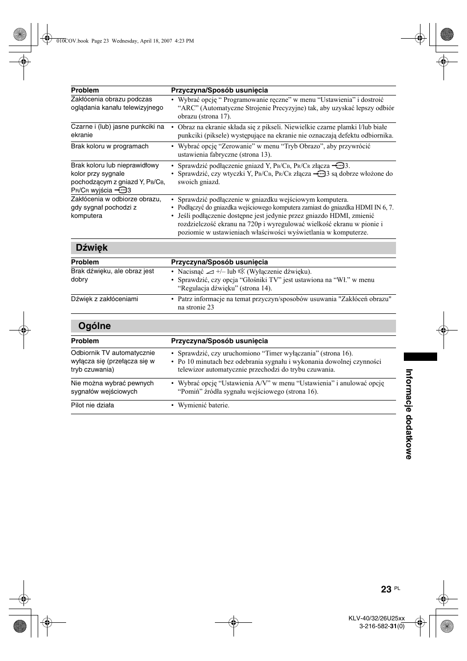 Dźwięk, Ogólne, Informacje dodatkowe | Sony KLV-26U2520 User Manual | Page 69 / 70