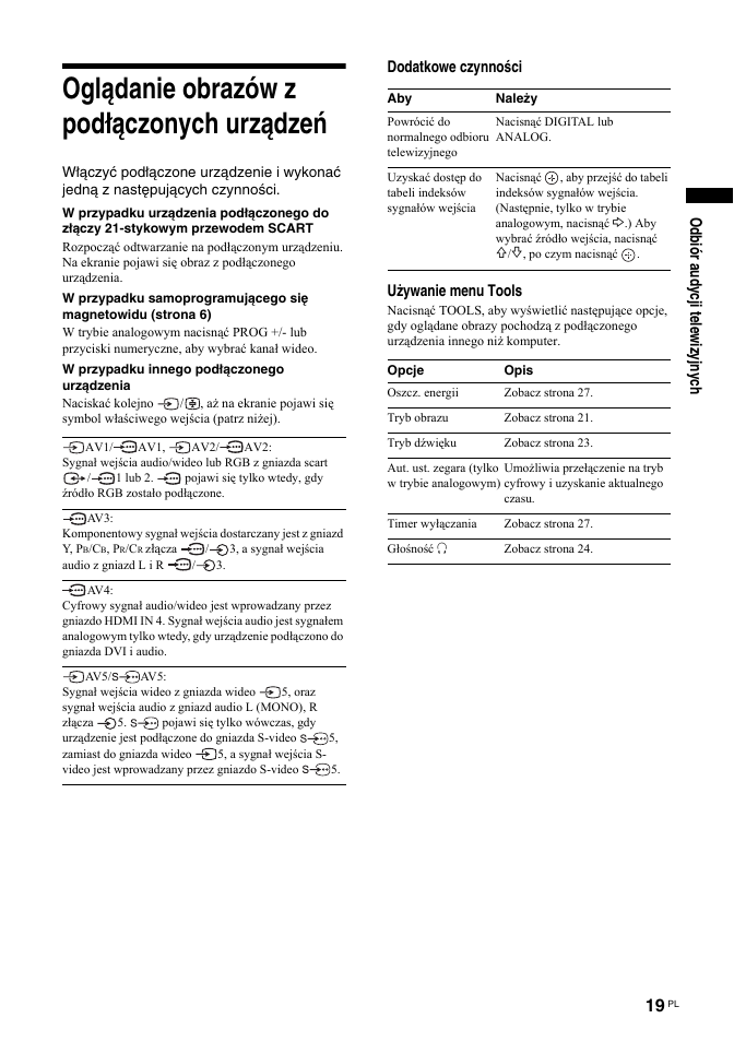 Oglądanie obrazów z podłączonych urządzeń, Odbiór audycji telewizyjnych, Dodatkowe czynności używanie menu tools | Sony KDL-32S2030 User Manual | Page 105 / 129