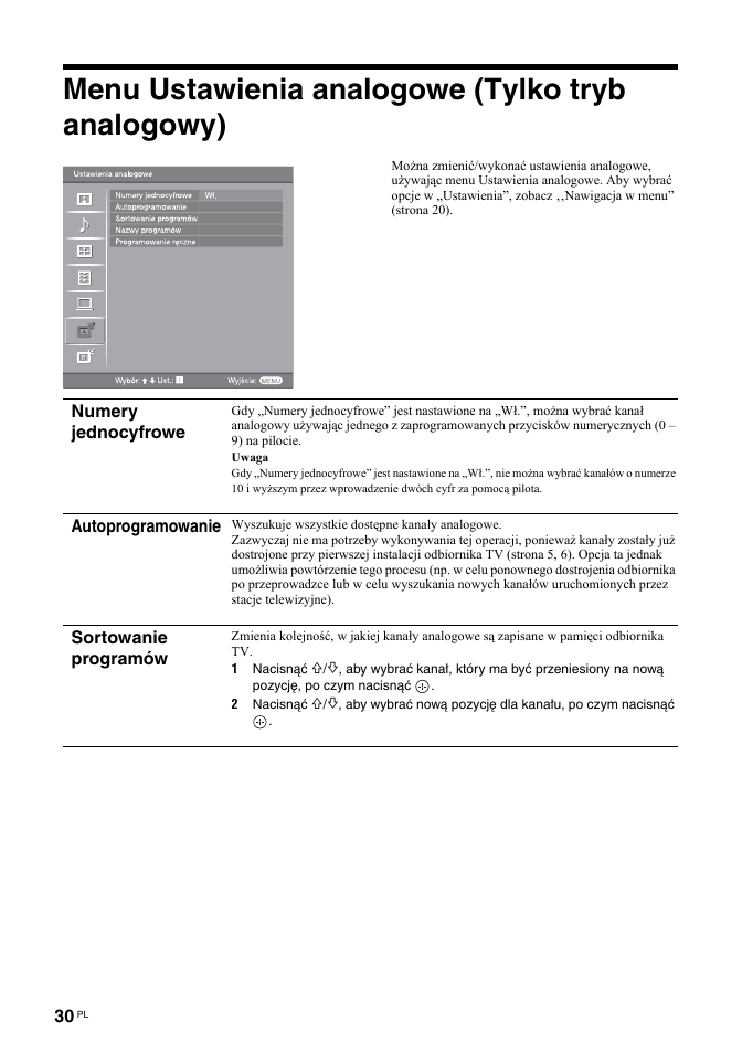 Menu ustawienia analogowe (tylko tryb analogowy) | Sony KDL-32S2030 User Manual | Page 116 / 129