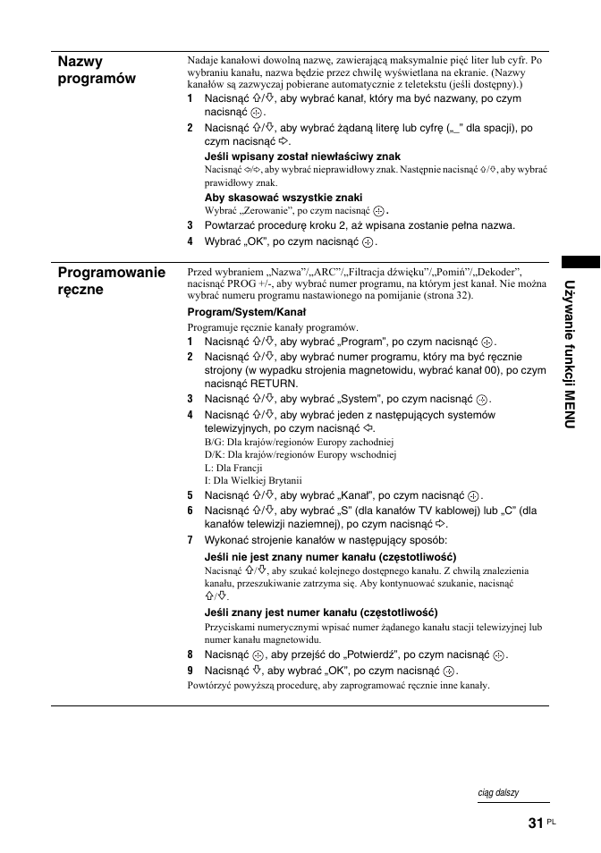 Nazwy programów, Programowanie ręczne | Sony KDL-32S2030 User Manual | Page 117 / 129