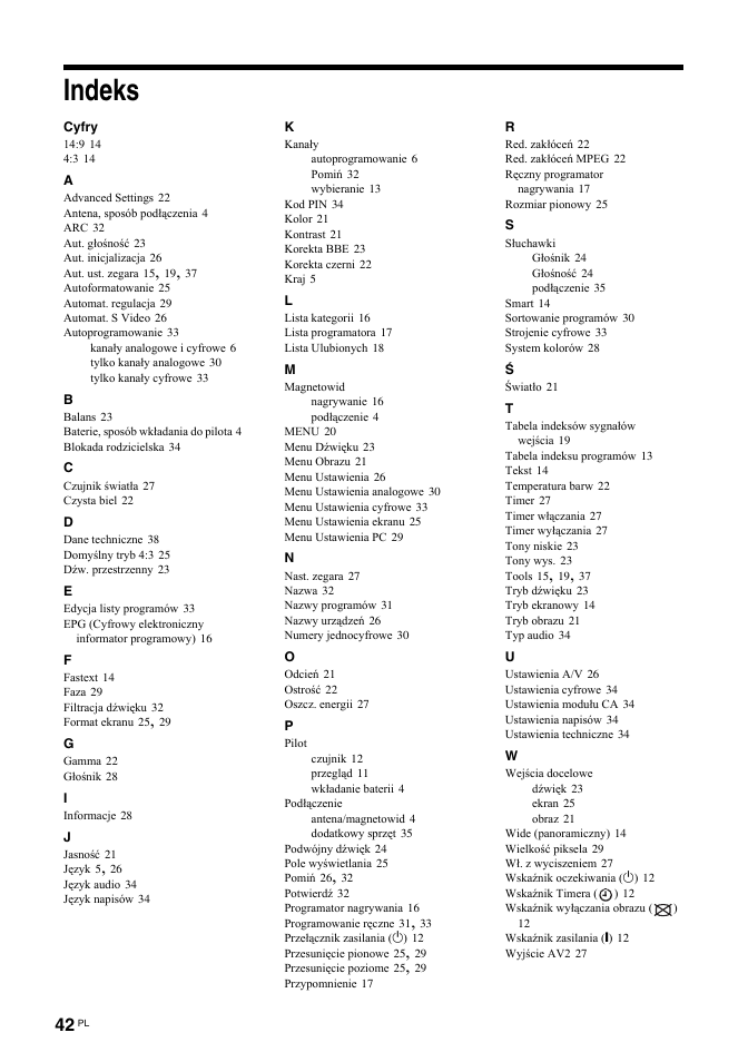 Indeks | Sony KDL-32S2030 User Manual | Page 128 / 129