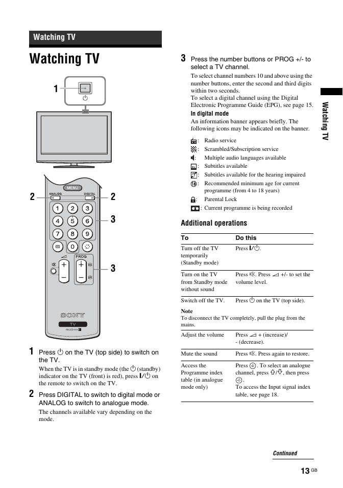 Watching tv | Sony KDL-32S2030 User Manual | Page 13 / 129
