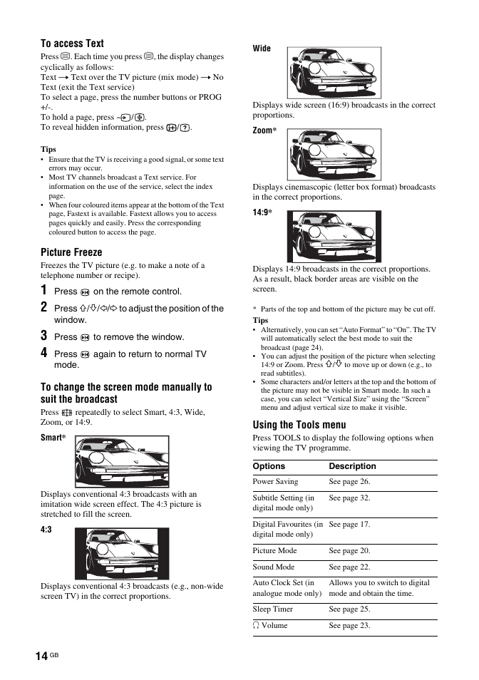 Picture freeze, Using the tools menu | Sony KDL-32S2030 User Manual | Page 14 / 129