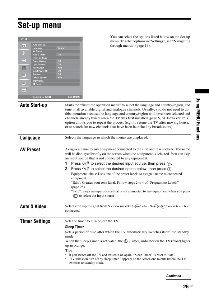 Set-up menu, Auto start-up, Language | Av preset, Auto s video, Timer settings | Sony KDL-32S2030 User Manual | Page 25 / 129