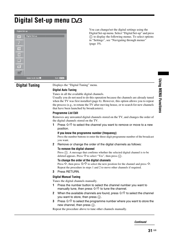 Digital set-up menu, Digital tuning | Sony KDL-32S2030 User Manual | Page 31 / 129