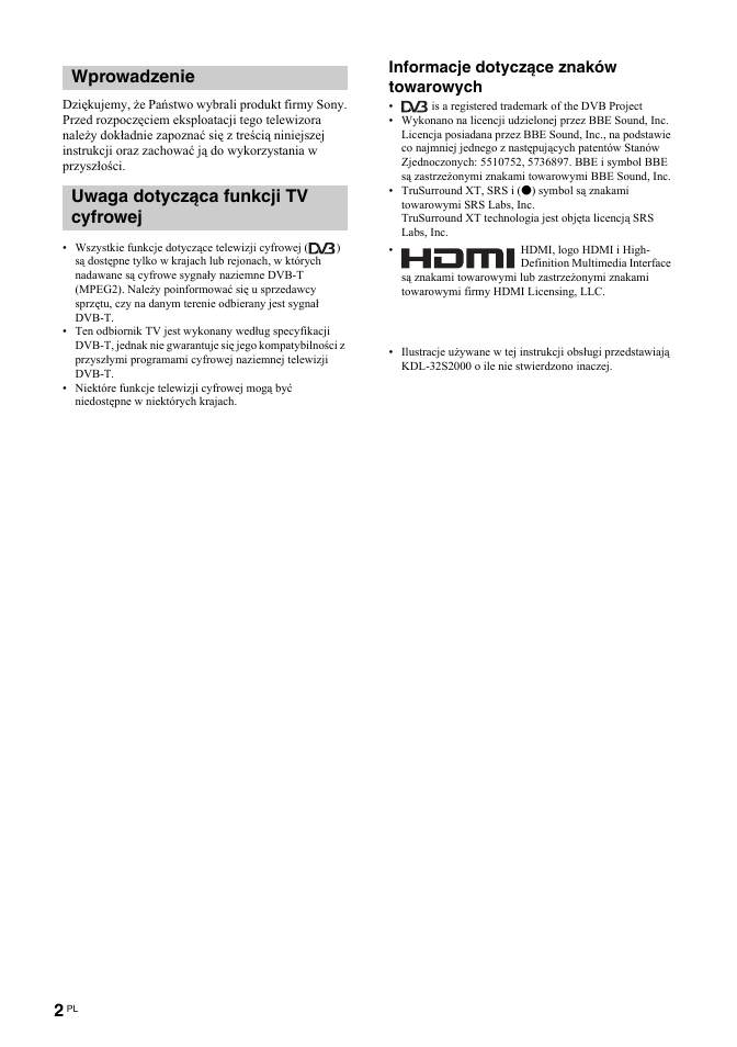 Wprowadzenie uwaga dotycząca funkcji tv cyfrowej, Informacje dotyczące znaków towarowych | Sony KDL-32S2030 User Manual | Page 88 / 129