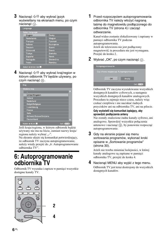 Autoprogramowanie odbiornika tv | Sony KDL-32S2030 User Manual | Page 92 / 129