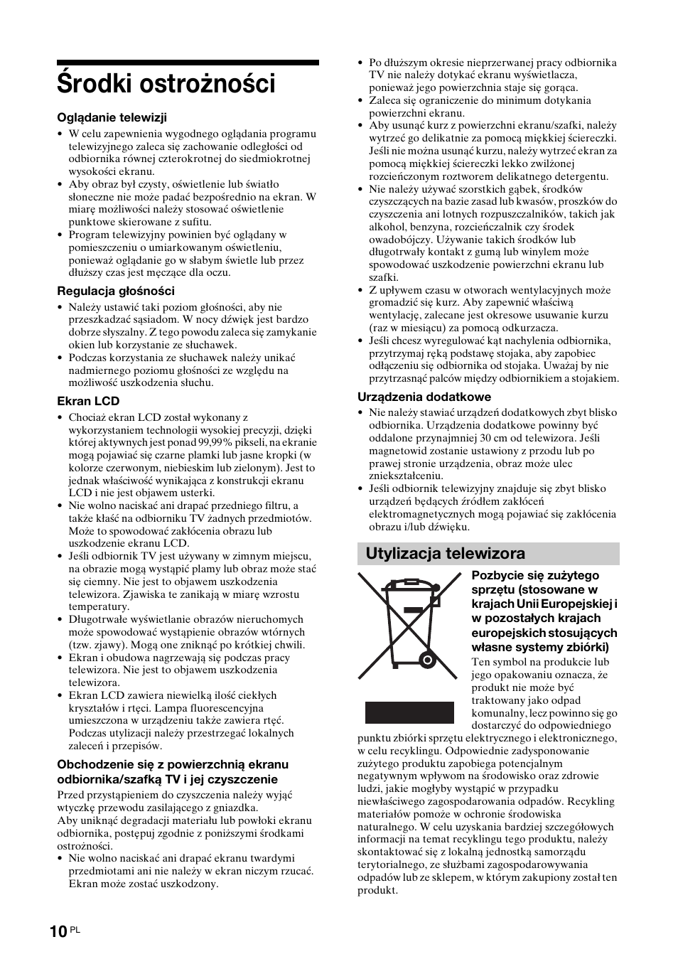 Środki ostrożności, Utylizacja telewizora | Sony KDL-15G2000 User Manual | Page 80 / 108