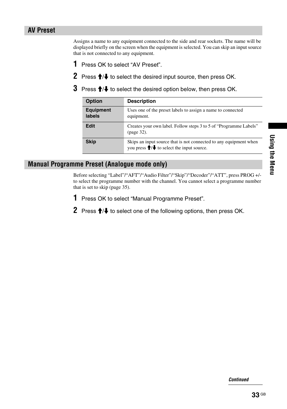 Av preset, Manual programme preset (analogue mode only), Av preset manual programme preset (analogue mode | Only) | Sony KDL-W40A11E User Manual | Page 33 / 192