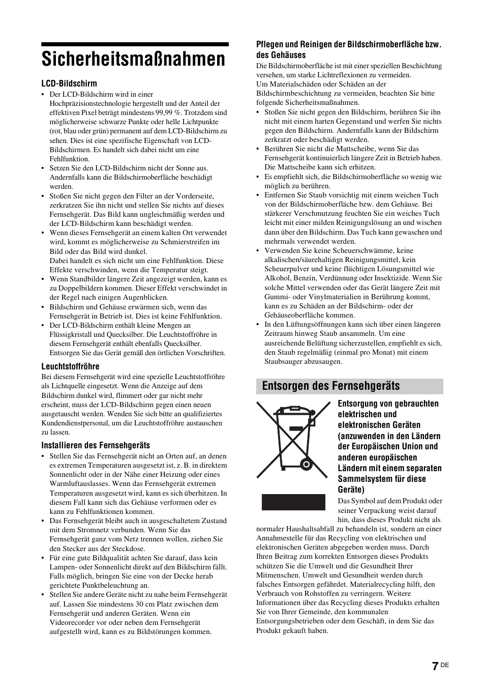 Sicherheitsmaßnahmen, Entsorgen des fernsehgeräts | Sony KDL-W40A11E User Manual | Page 53 / 192