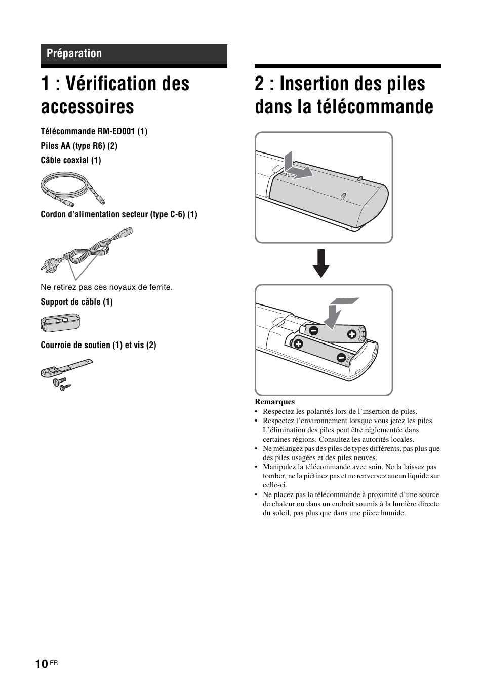 Préparation, 1 : vérification des accessoires, 2 : insertion des piles dans la télécommande | 2 : insertion des piles dans la, Télécommande | Sony KDL-V32A11E User Manual | Page 102 / 192
