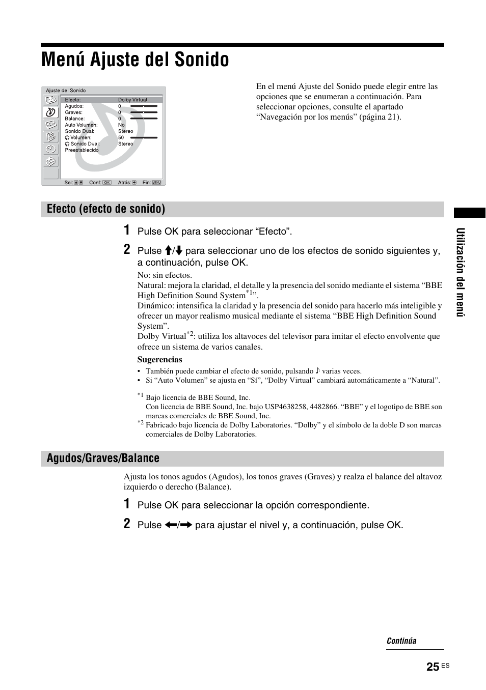 Menú ajuste del sonido, Efecto (efecto de sonido), Agudos/graves/balance | Efecto (efecto de sonido) agudos/graves/balance, To (25), E (25) | Sony KDL-V32A11E User Manual | Page 165 / 192