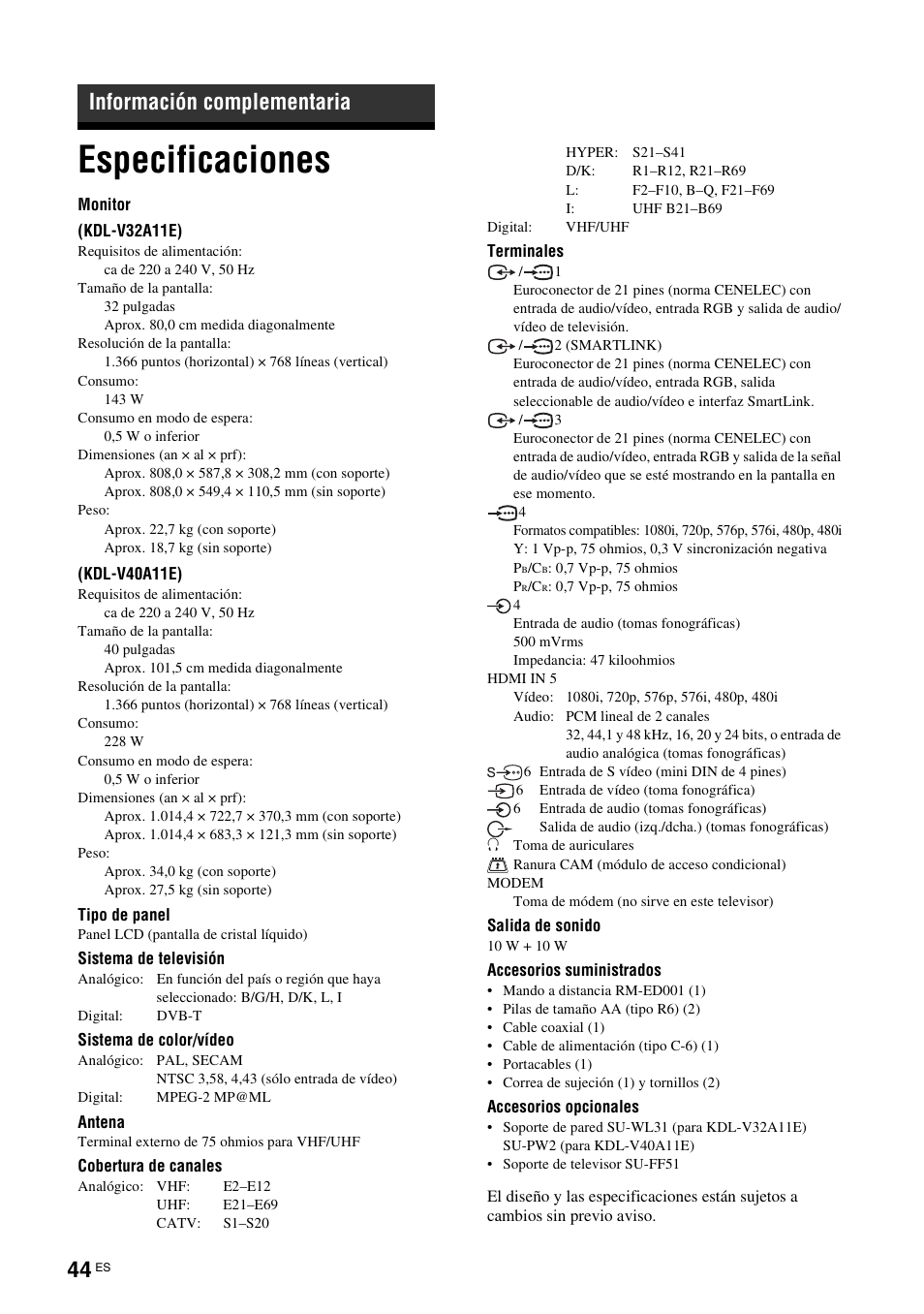 Información complementaria, Especificaciones | Sony KDL-V32A11E User Manual | Page 184 / 192