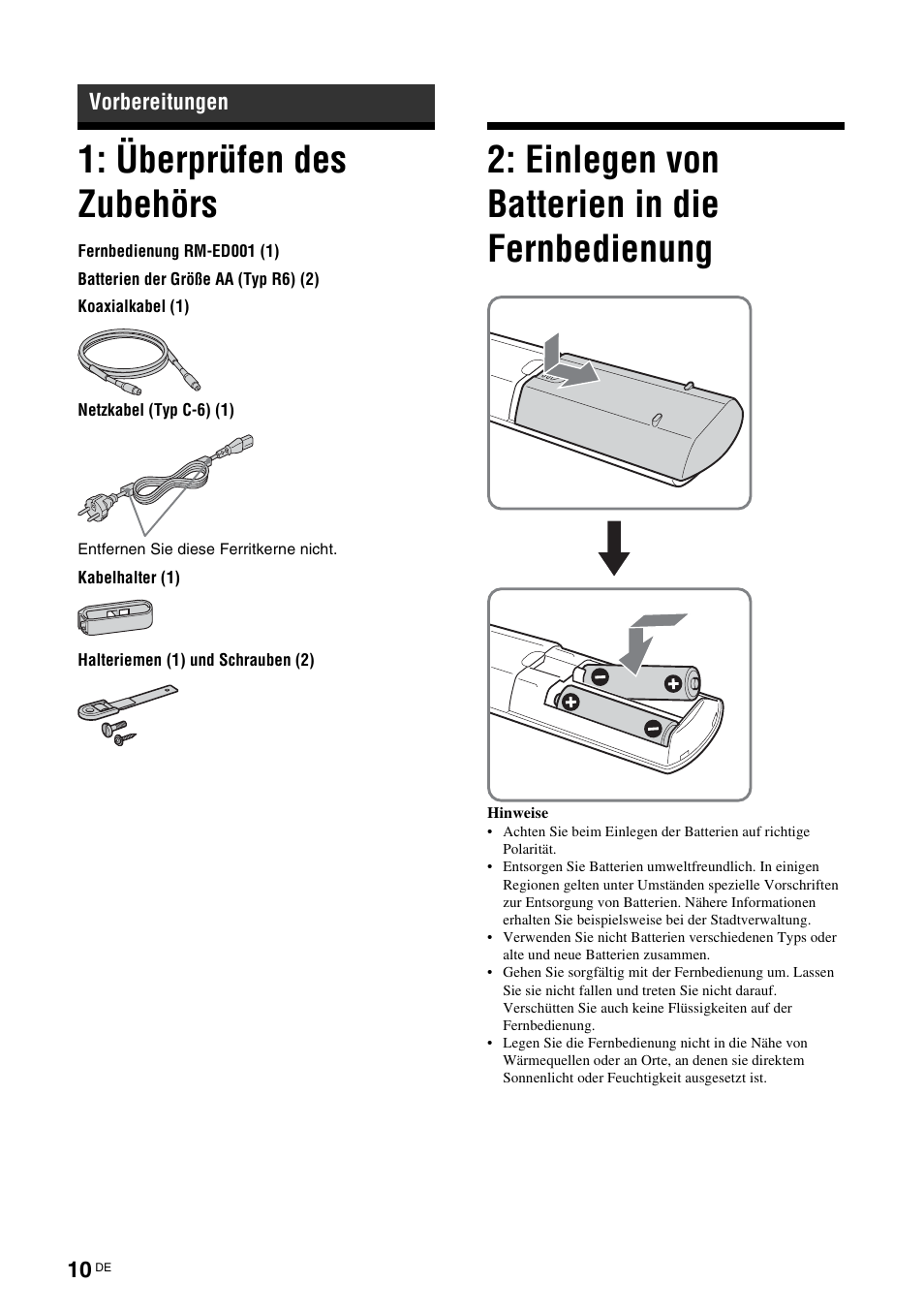 Vorbereitungen, Überprüfen des zubehörs, Einlegen von batterien in die fernbedienung | Einlegen von batterien in die, Fernbedienung | Sony KDL-V32A11E User Manual | Page 56 / 192