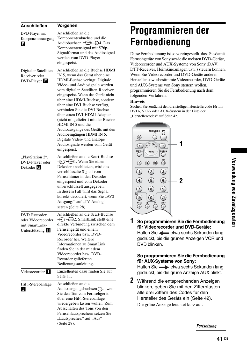 Programmieren der fernbedienung, E (seite 41), Odus (seite 41): z | Seite 41) | Sony KDL-V32A11E User Manual | Page 87 / 192