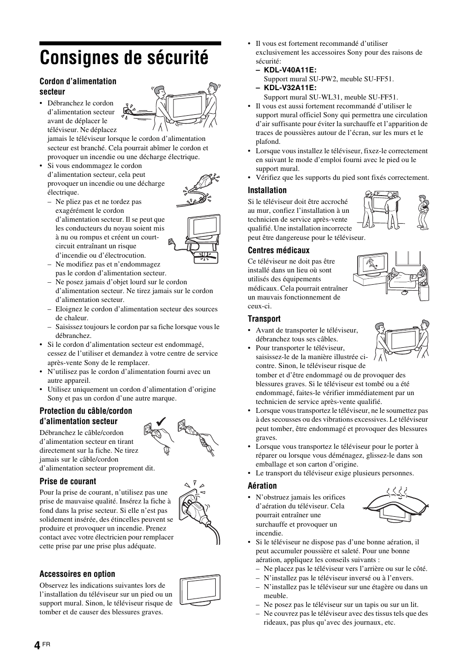 Consignes de sécurité | Sony KDL-V32A11E User Manual | Page 96 / 192