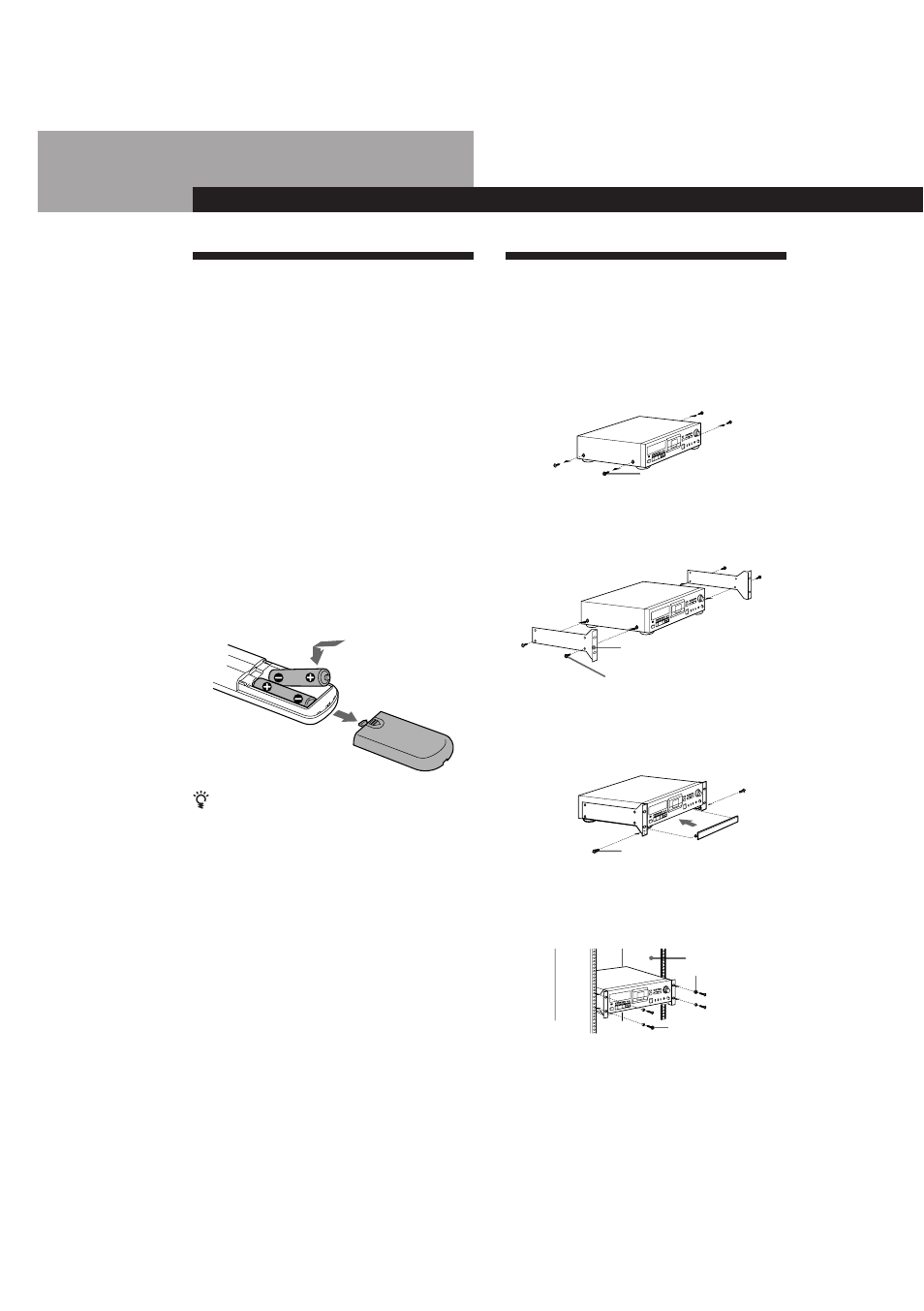 D暫allage, Installation dans un rack, Déballage | Préparatifs, Mise en place des piles dans la télécommande | Sony DTC-A6 User Manual | Page 25 / 62