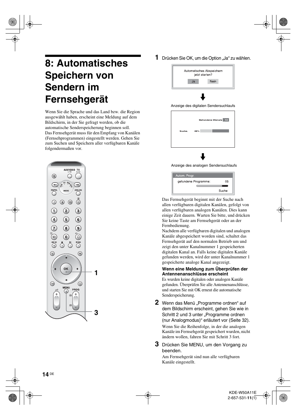 Automatisches speichern von sendern, Im fernsehgerät, 31 m | Sony KDE-W50A11E User Manual | Page 108 / 194