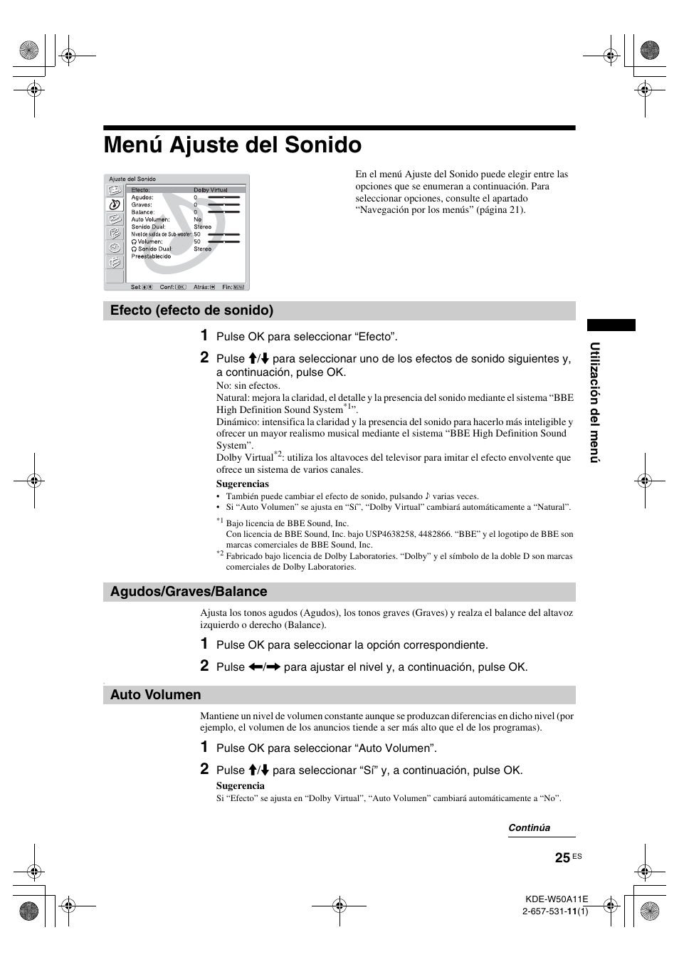 Menú ajuste del sonido, Efecto (efecto de sonido), Agudos/graves/balance | Auto volumen, To (25), E (25), En (25) | Sony KDE-W50A11E User Manual | Page 167 / 194