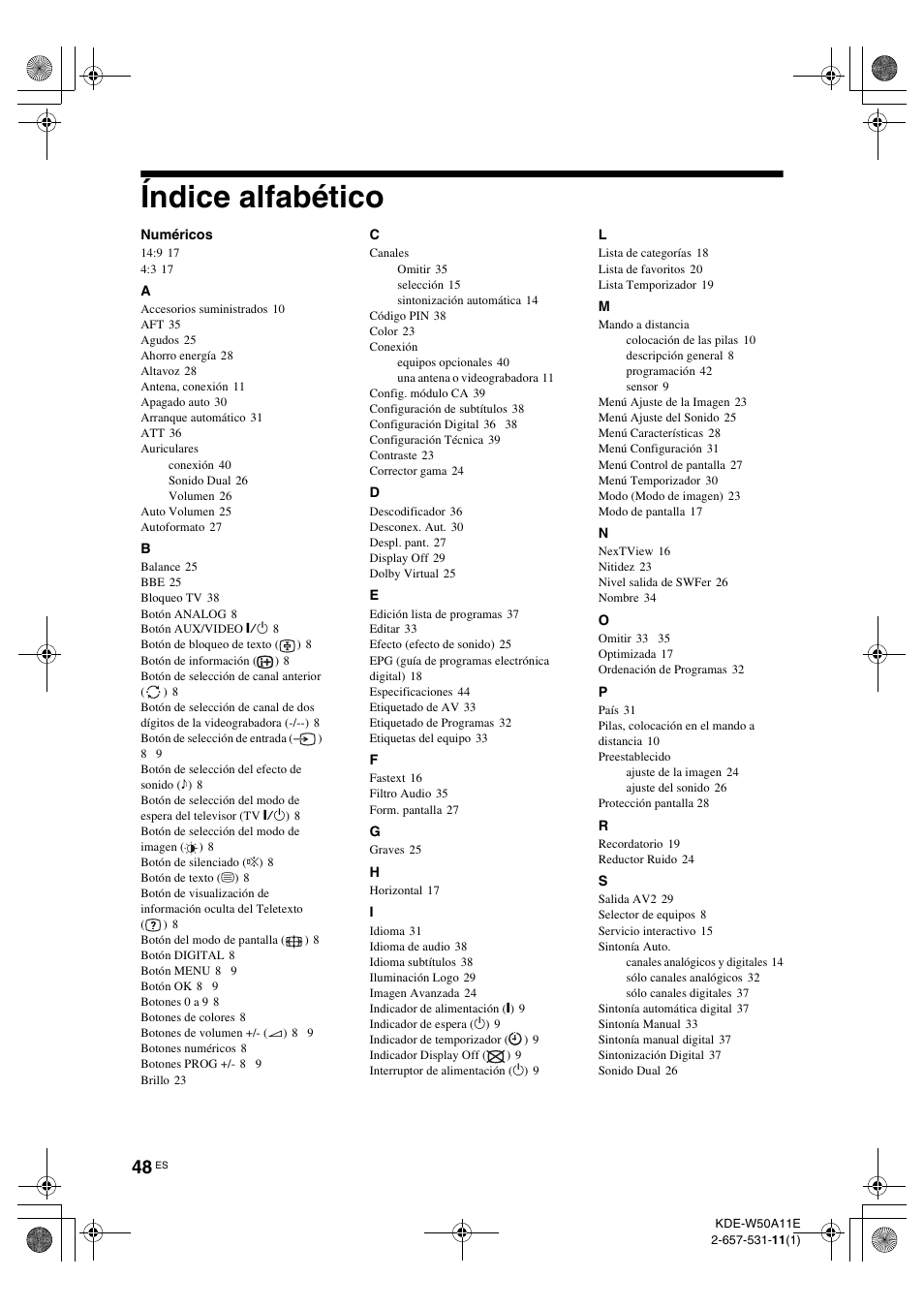 Índice alfabético | Sony KDE-W50A11E User Manual | Page 190 / 194