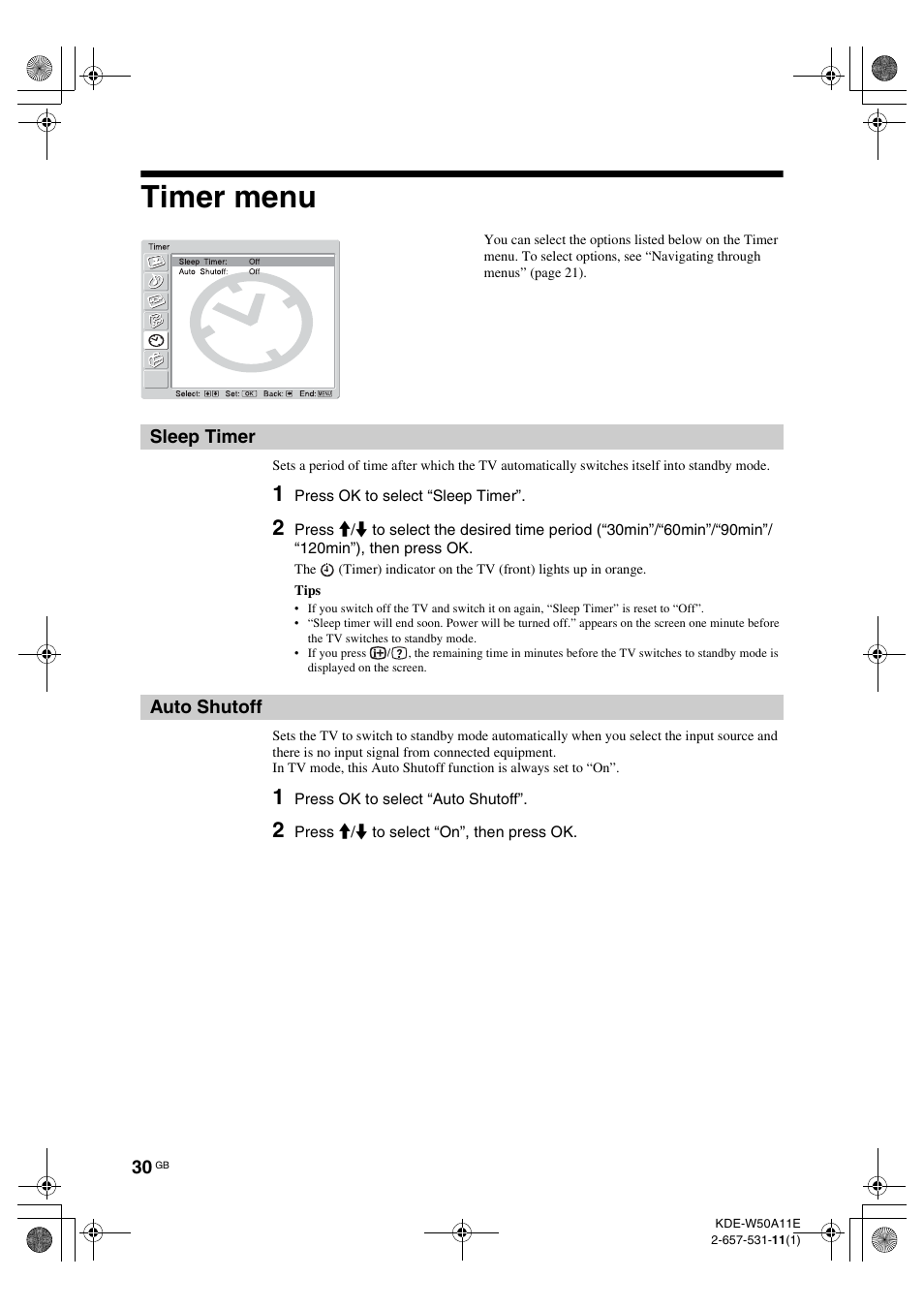Timer menu, Sleep timer, Auto shutoff | Sleep timer auto shutoff, R (30), F (30) | Sony KDE-W50A11E User Manual | Page 30 / 194