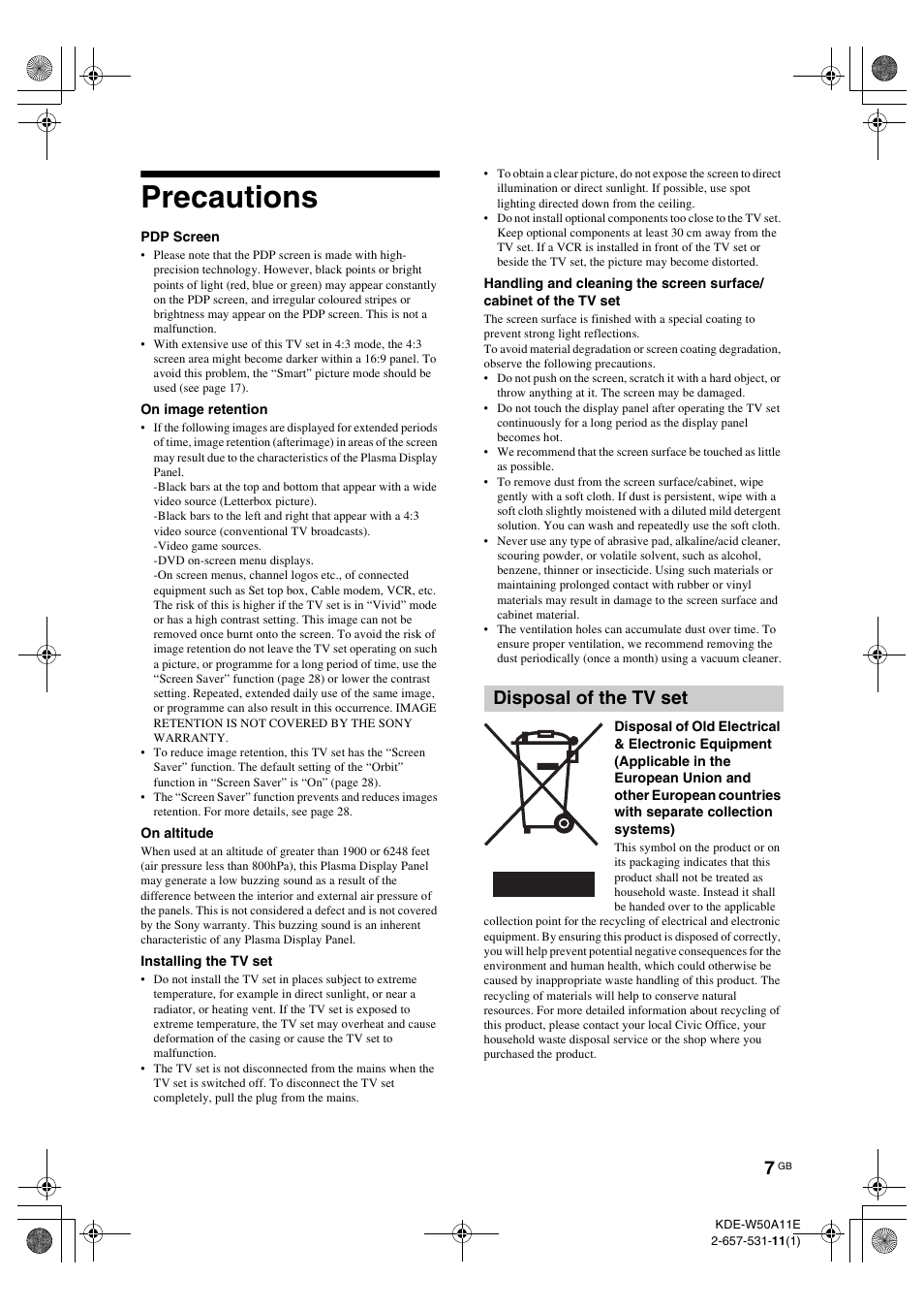 Precautions, Disposal of the tv set | Sony KDE-W50A11E User Manual | Page 7 / 194