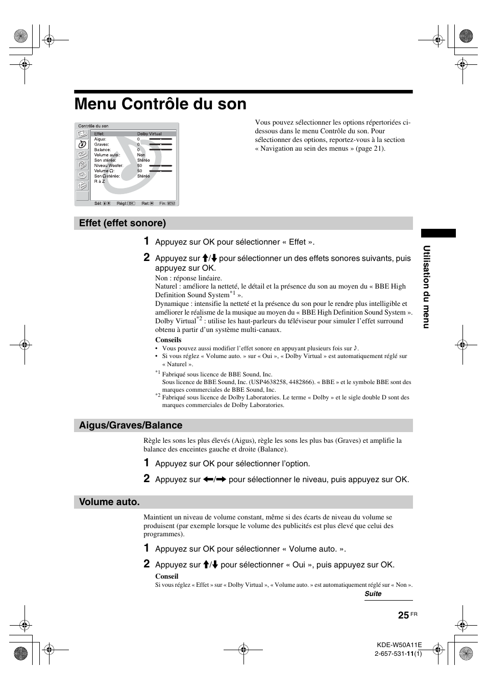 Menu contrôle du son, Effet (effet sonore), Aigus/graves/balance | Volume auto | Sony KDE-W50A11E User Manual | Page 71 / 194