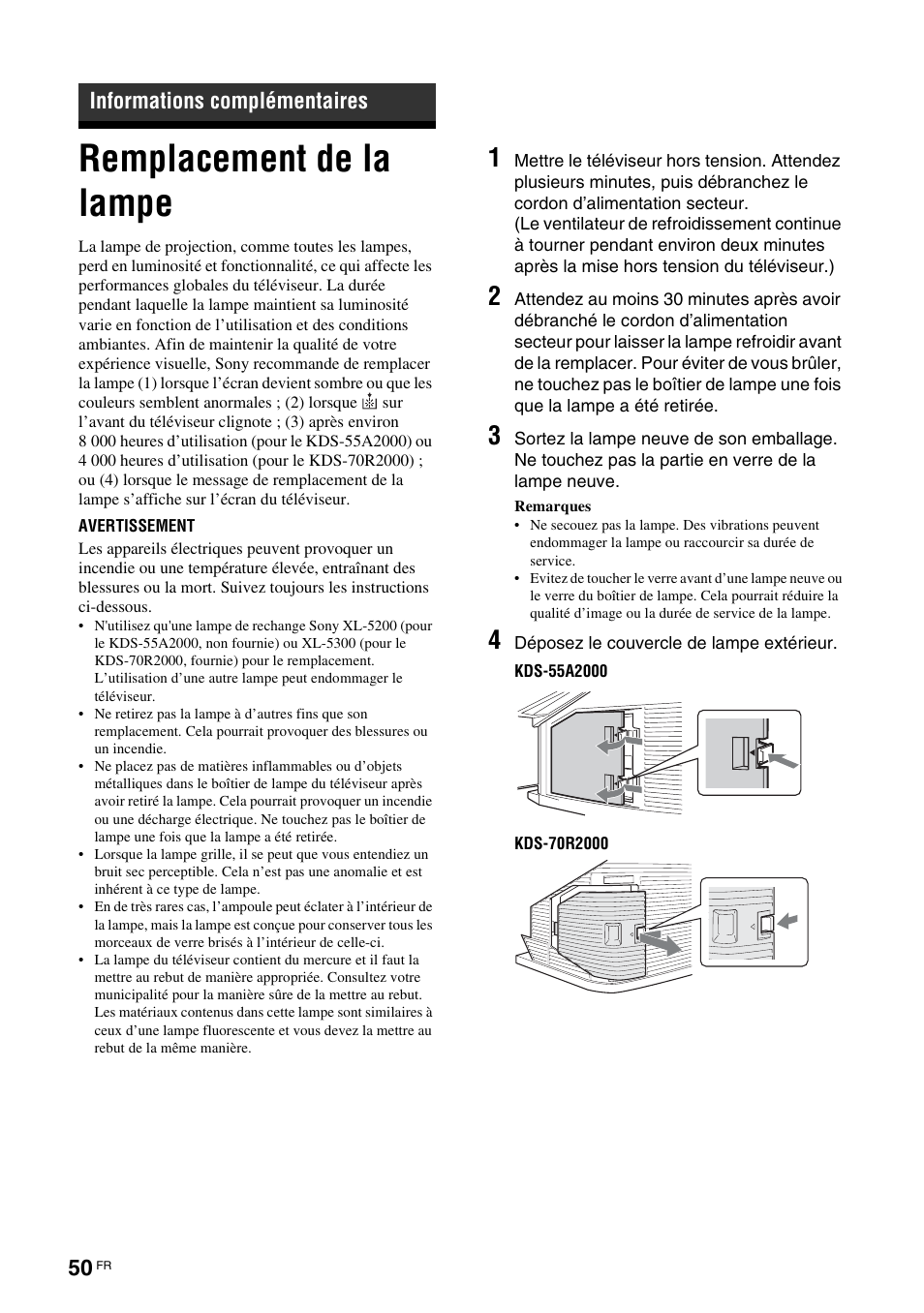 Informations complémentaires, Remplacement de la lampe | Sony KDS-70R2000 User Manual | Page 106 / 240