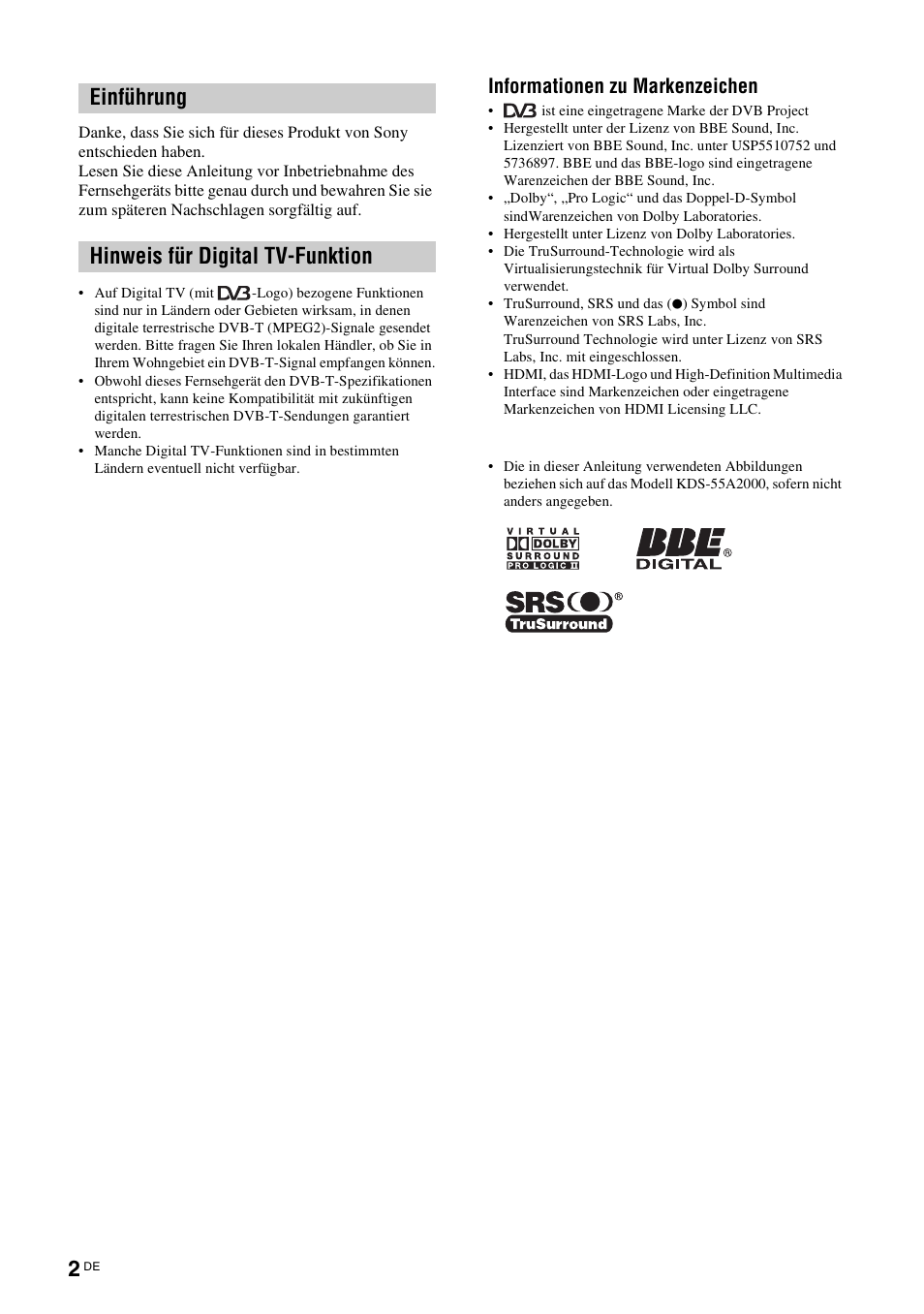 Einführung hinweis für digital tv-funktion, Informationen zu markenzeichen | Sony KDS-70R2000 User Manual | Page 116 / 240