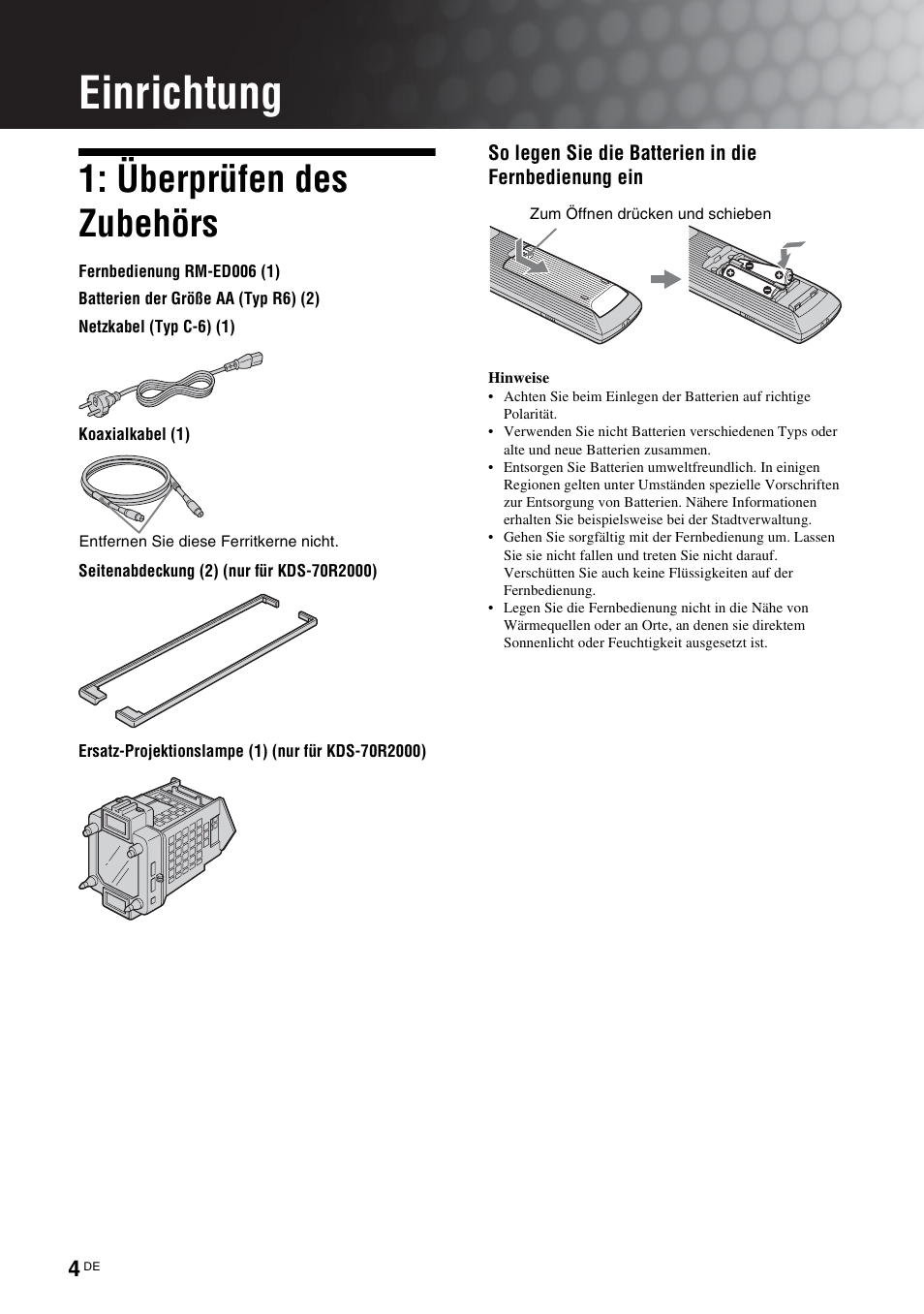 Einrichtung, Überprüfen des zubehörs | Sony KDS-70R2000 User Manual | Page 118 / 240
