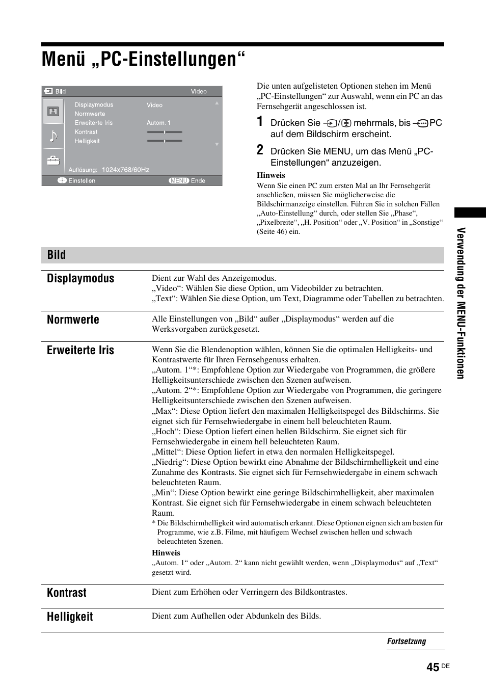 Menü „pc-einstellungen | Sony KDS-70R2000 User Manual | Page 159 / 240