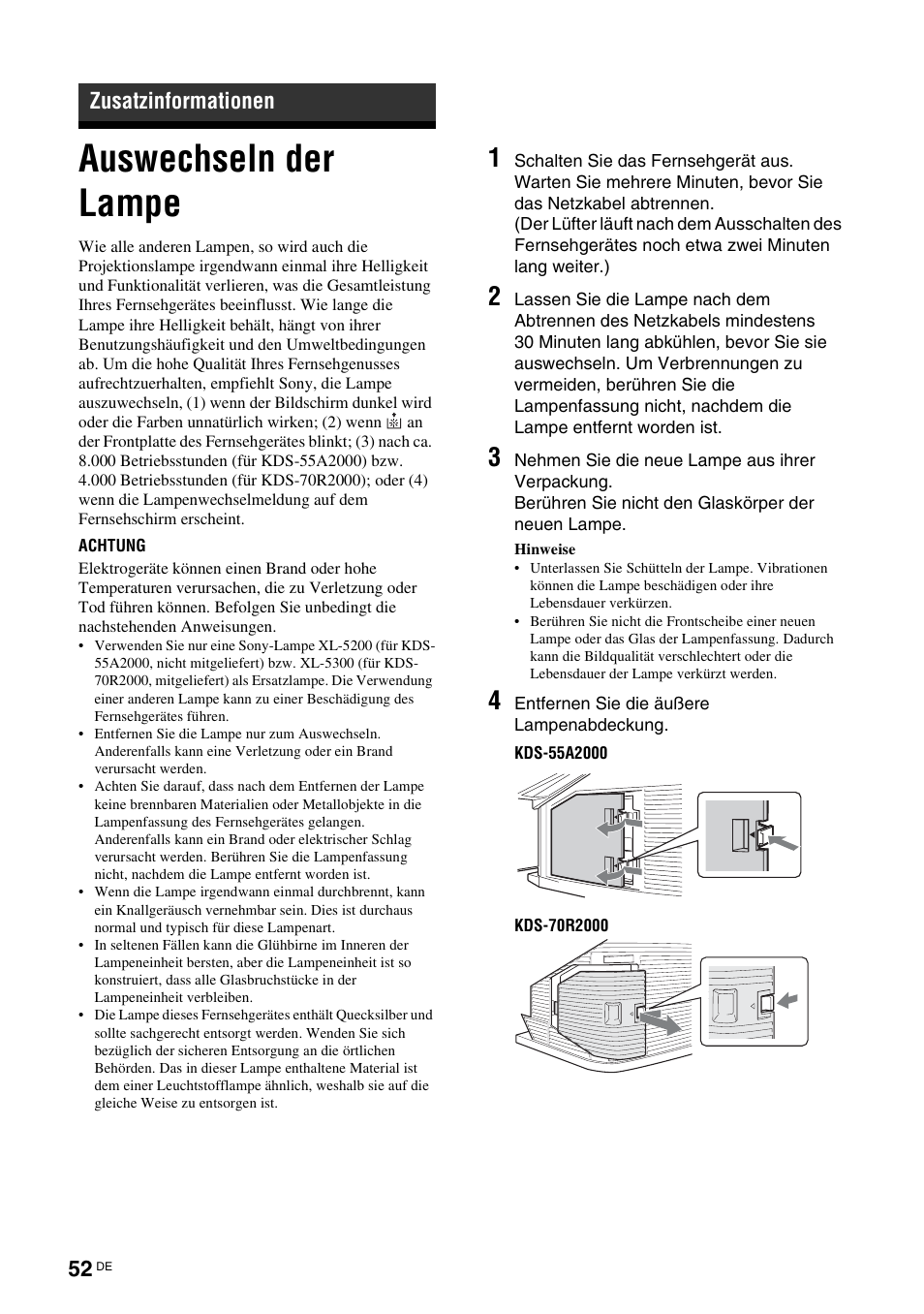 Zusatzinformationen, Auswechseln der lampe | Sony KDS-70R2000 User Manual | Page 166 / 240