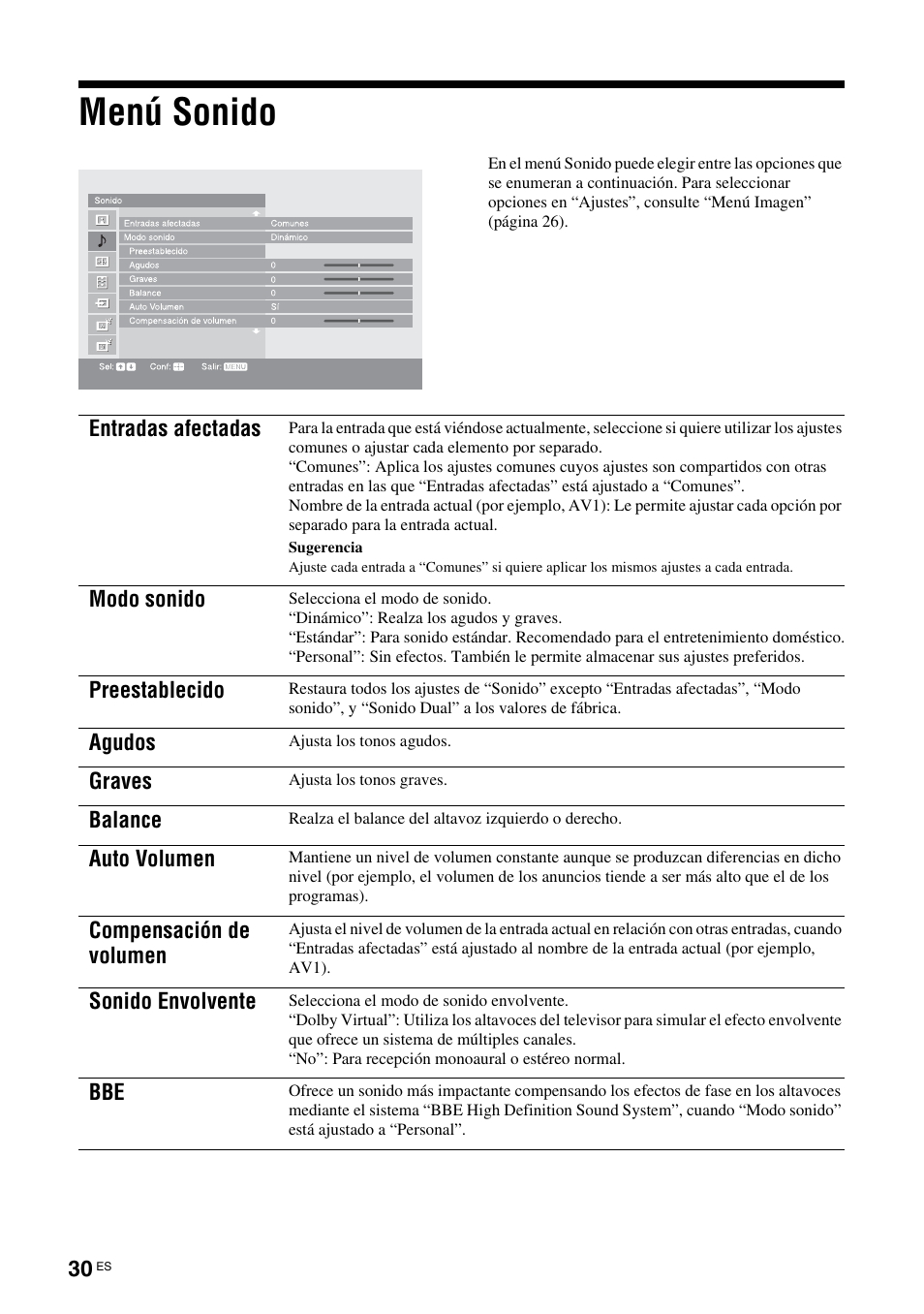 Menú sonido | Sony KDS-70R2000 User Manual | Page 206 / 240