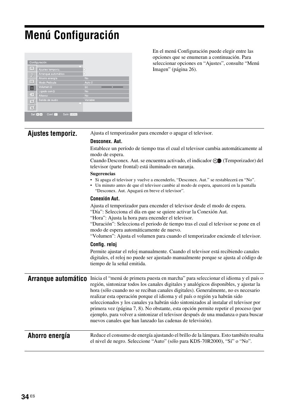 Menú configuración | Sony KDS-70R2000 User Manual | Page 210 / 240