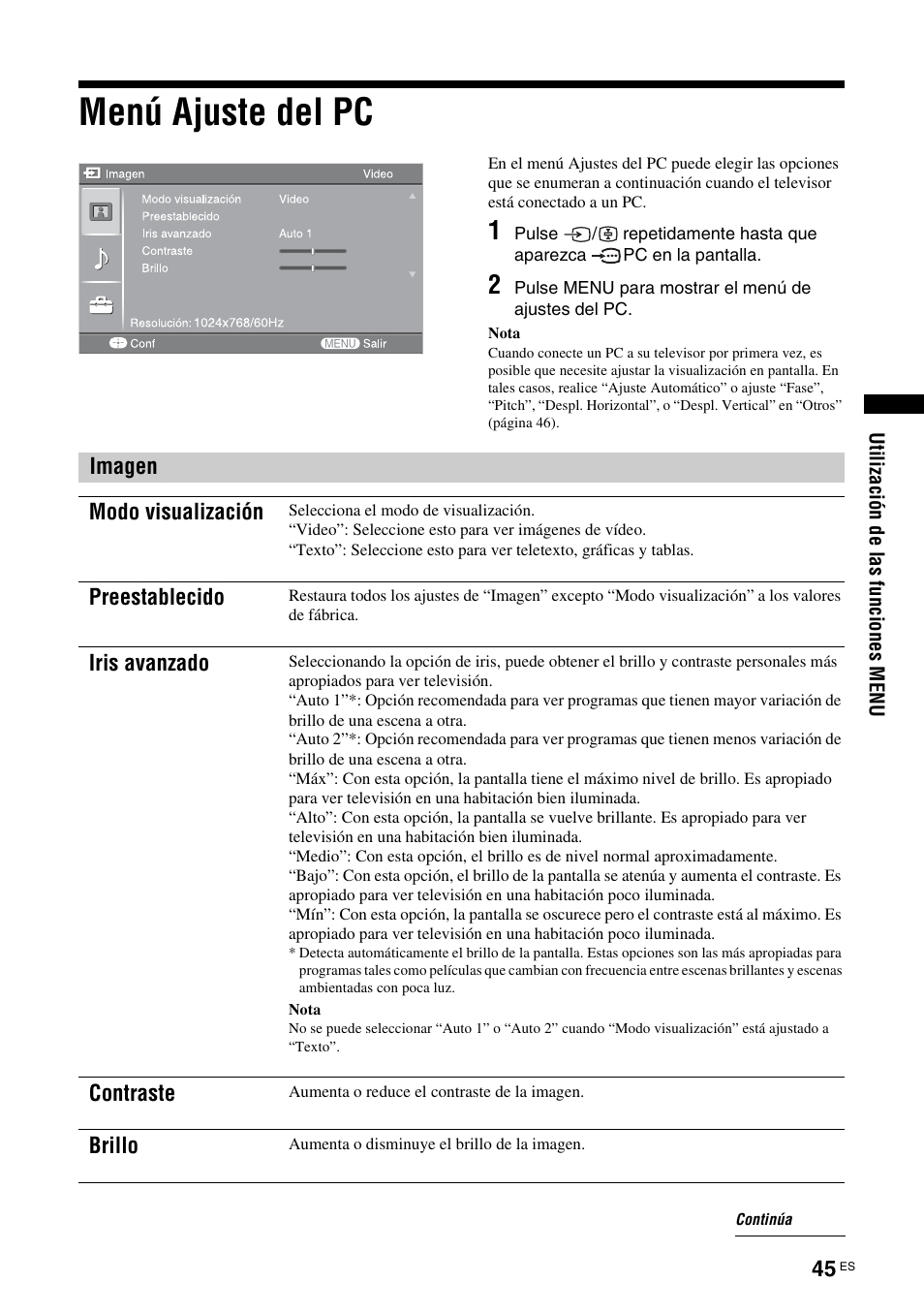 Menú ajuste del pc | Sony KDS-70R2000 User Manual | Page 221 / 240