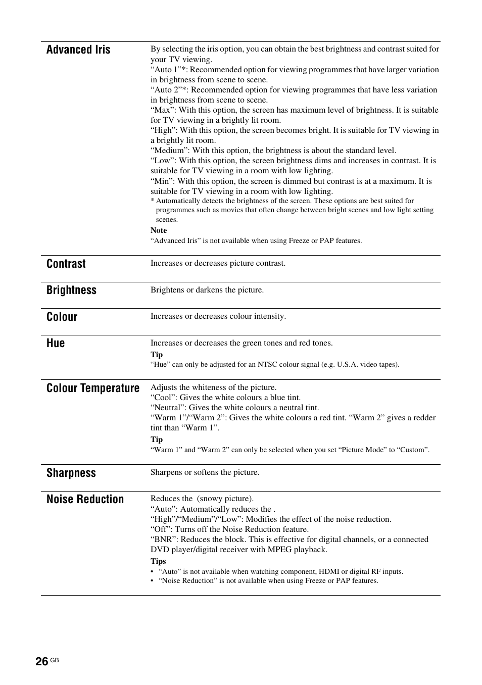 Advanced iris, Contrast, Brightness | Colour, Colour temperature, Sharpness, Noise reduction | Sony KDS-70R2000 User Manual | Page 26 / 240