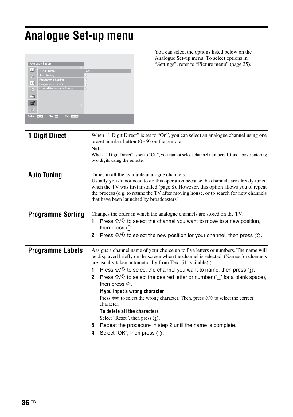Analogue set-up menu, 1 digit direct, Auto tuning | Programme sorting, Programme labels | Sony KDS-70R2000 User Manual | Page 36 / 240