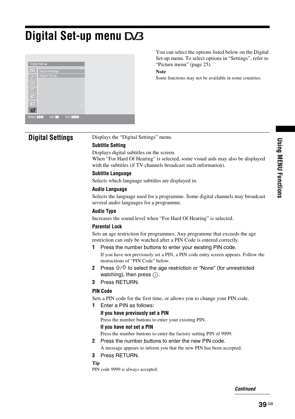 Digital set-up menu, Digital settings | Sony KDS-70R2000 User Manual | Page 39 / 240