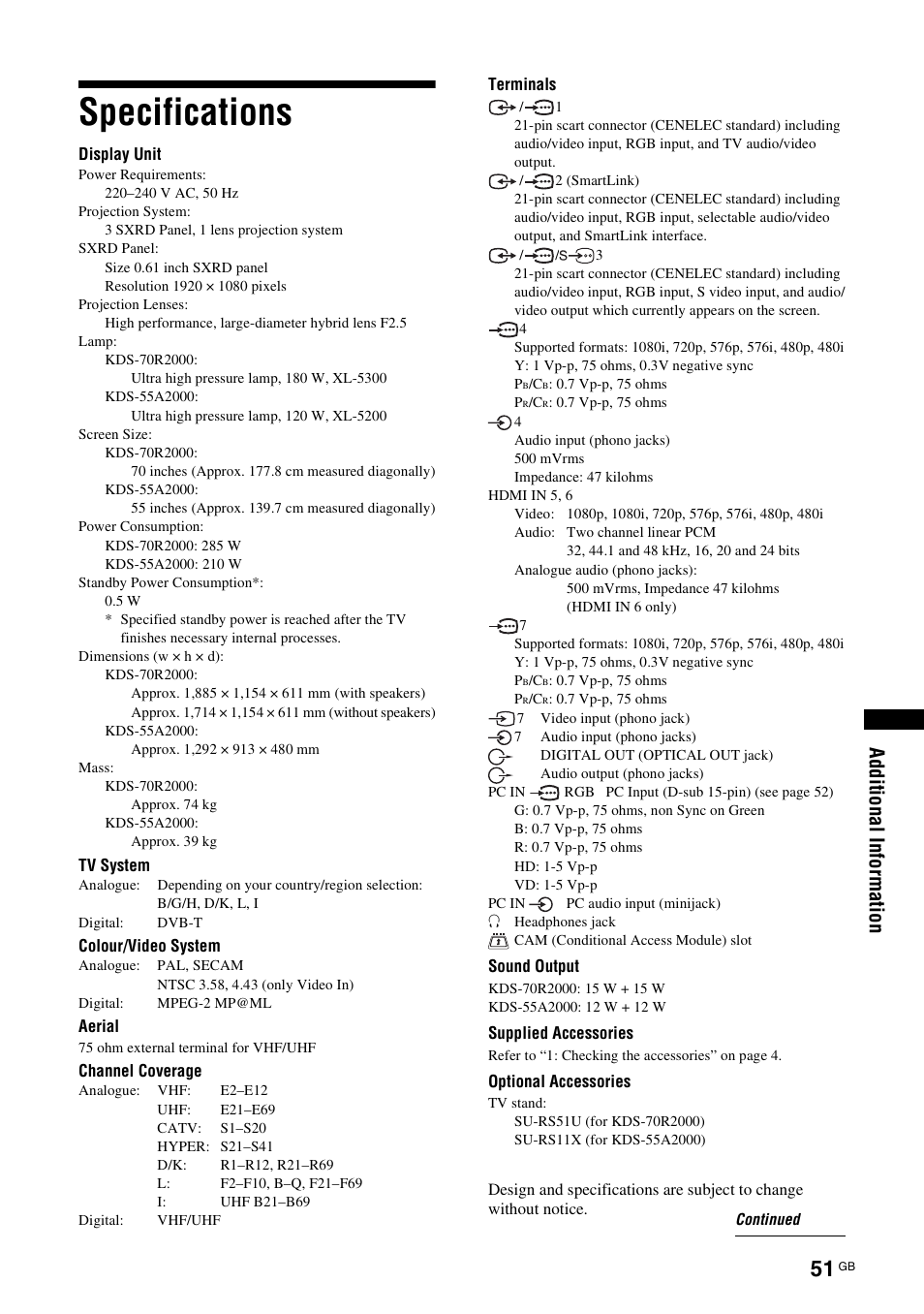 Specifications | Sony KDS-70R2000 User Manual | Page 51 / 240