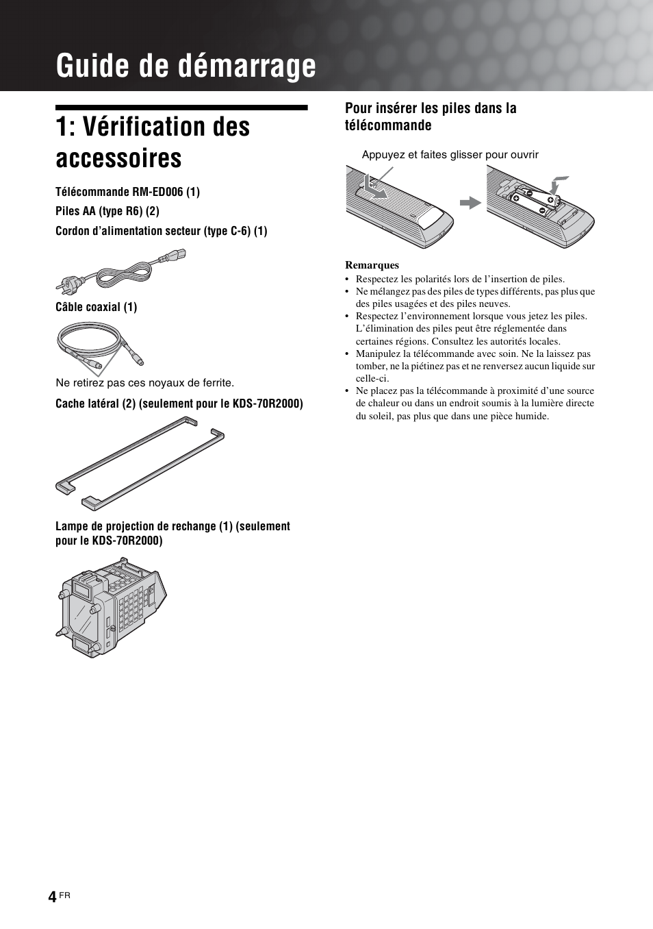 Guide de démarrage, Vérification des accessoires | Sony KDS-70R2000 User Manual | Page 60 / 240