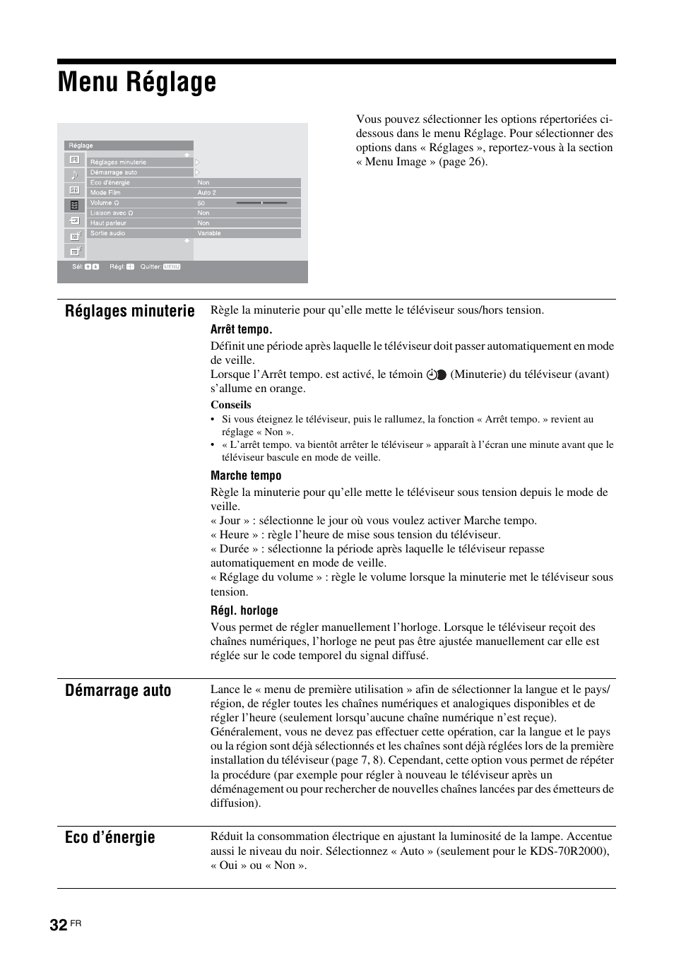 Menu réglage, Réglages minuterie, Démarrage auto | Eco d’énergie | Sony KDS-70R2000 User Manual | Page 88 / 240