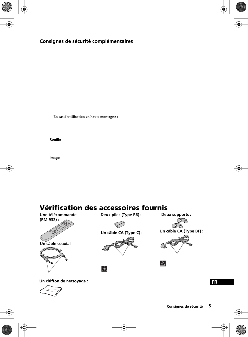 Vérification des accessoires fournis, Fr consignes de sécurité complémentaires | Sony KZ-32TS1E User Manual | Page 102 / 135