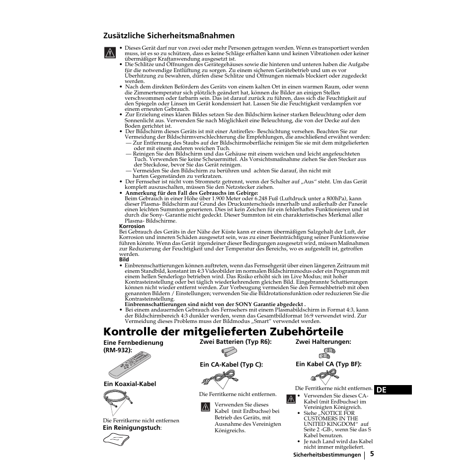Kontrolle der mitgelieferten zubehörteile, De zusätzliche sicherheitsmaßnahmen | Sony KZ-32TS1E User Manual | Page 38 / 135